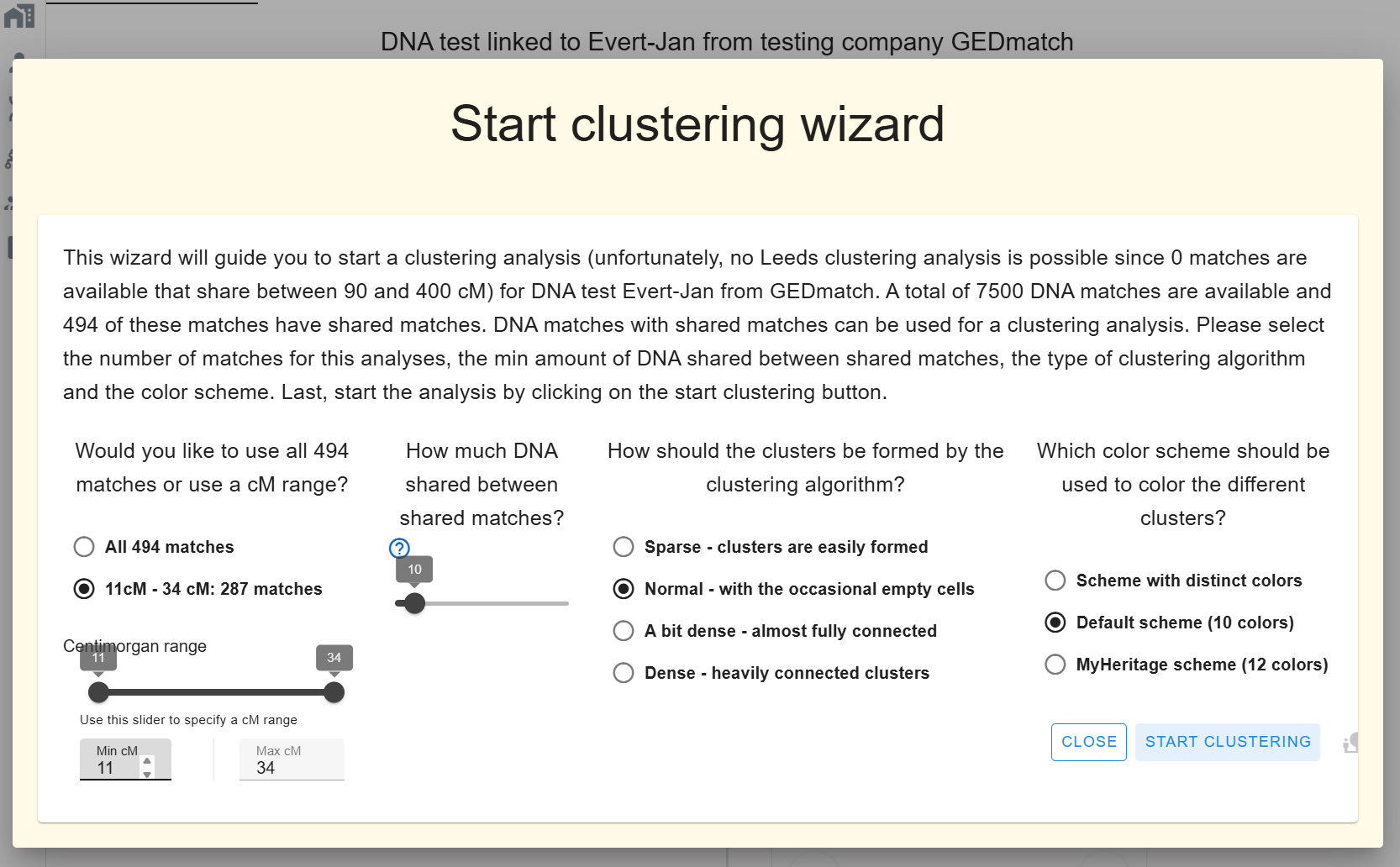 AutoLineage Start clustering wizard with cM range, shared-match counts, sparse/normal/dense/bit-dense options and colour scheme selection