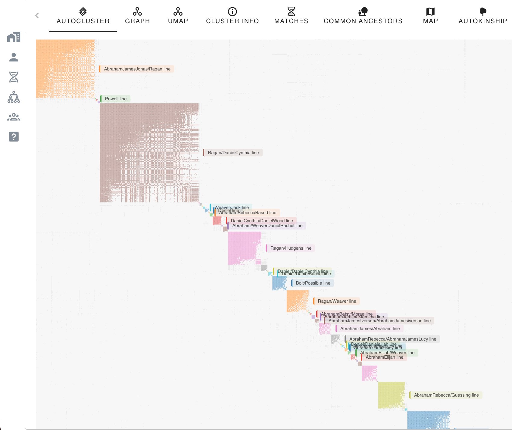 Large AutoLineage cluster chart where each coloured cluster is labelled with the name of an ancestral couple or lineage